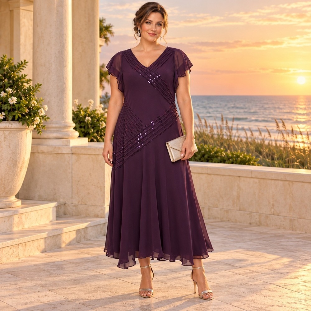 Adrianna Papell Purple Chiffon Dress Midi Sequin Flutter Fall Wedding Whimsigoth